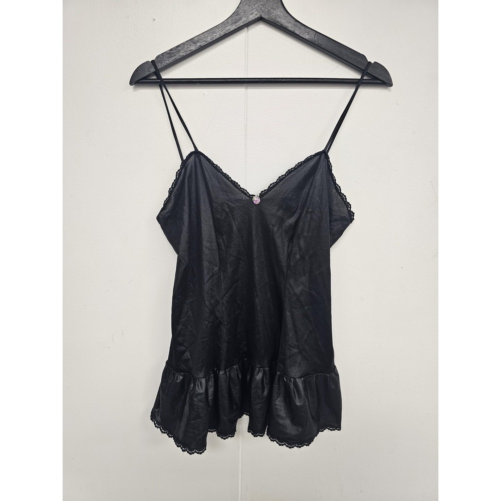 Vintage Nan Flower Babydoll‎ Nightgown Womens Large Black Nylon Ruffle Lace 80s